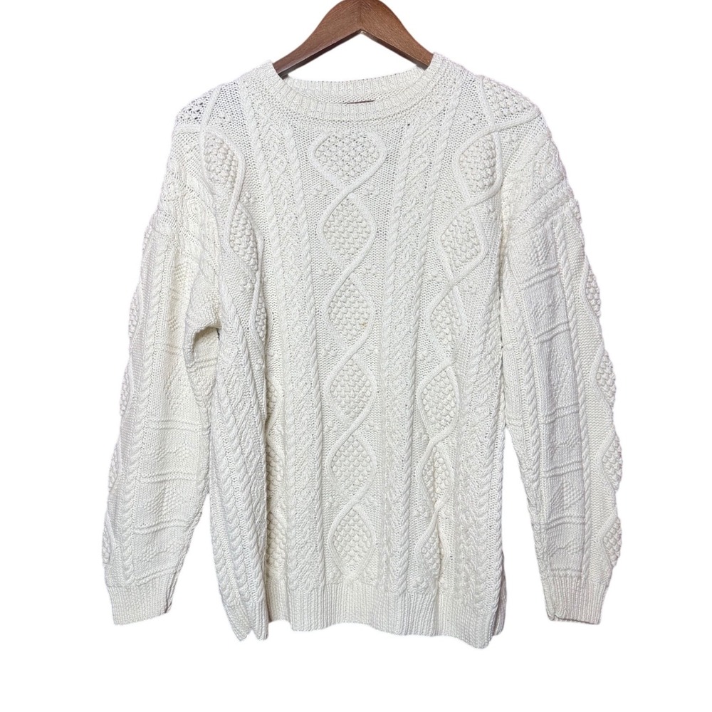 Worthington Cable Knit Sweater Women Large White Good Popcorn Chunky Ramie Blend